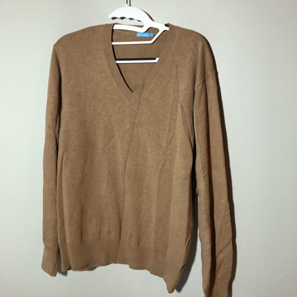 J McLaughlin mens L camel tan v neck sweater cotton modal blend preppy neutral